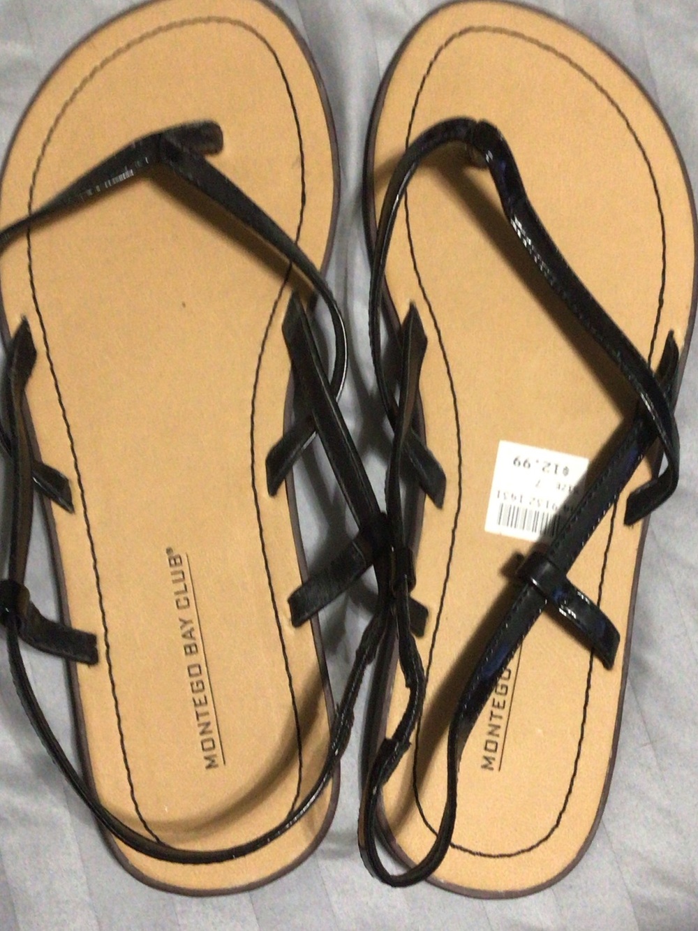 Montego Bay Club Black Strappy T-Style Sandals with Tan Footbed